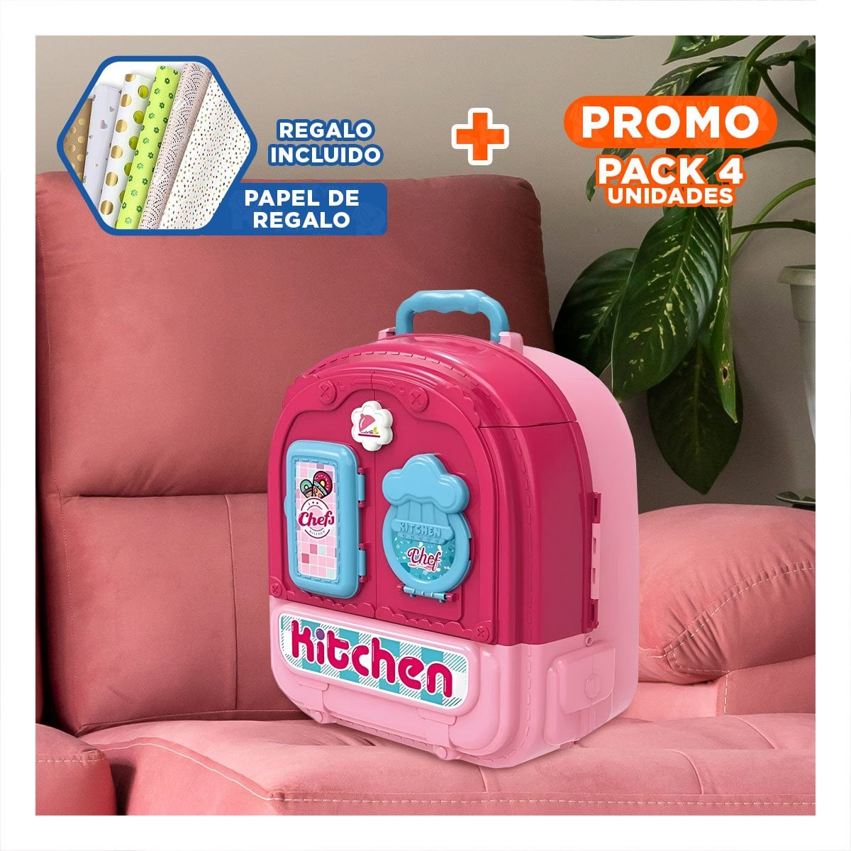 PACK4 MALETIN DE COCINA DIDACTICO TIPO MOCHILA 3 EN 1 ROSADO PARA JUEGO INFANTIL Y+PAPEL REGALO - 1
