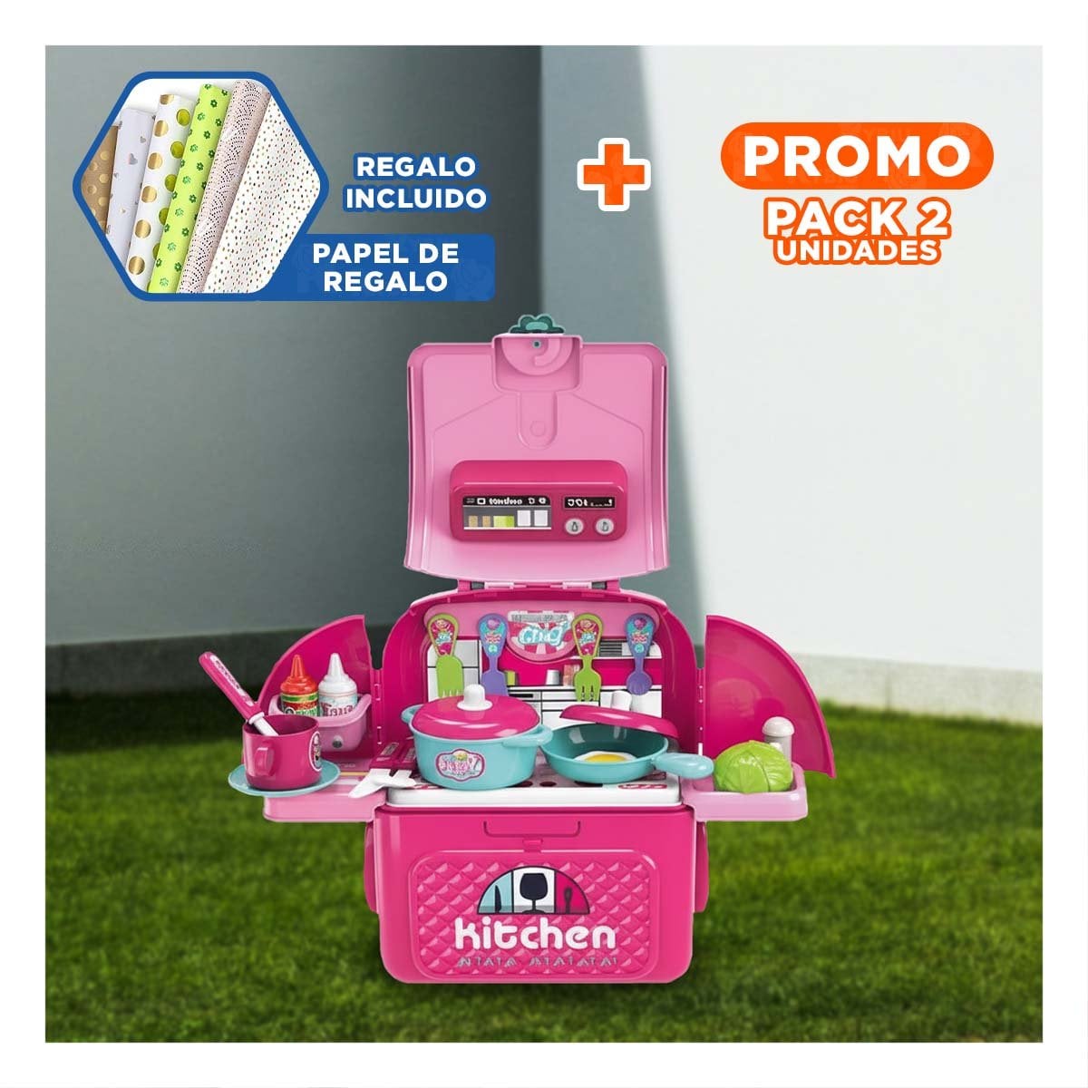PACK2 COMBO DE COCINA INFANTIL CON ACCESORIOS EN MALETA PARA CASA Y+PAPEL REGALO - 1