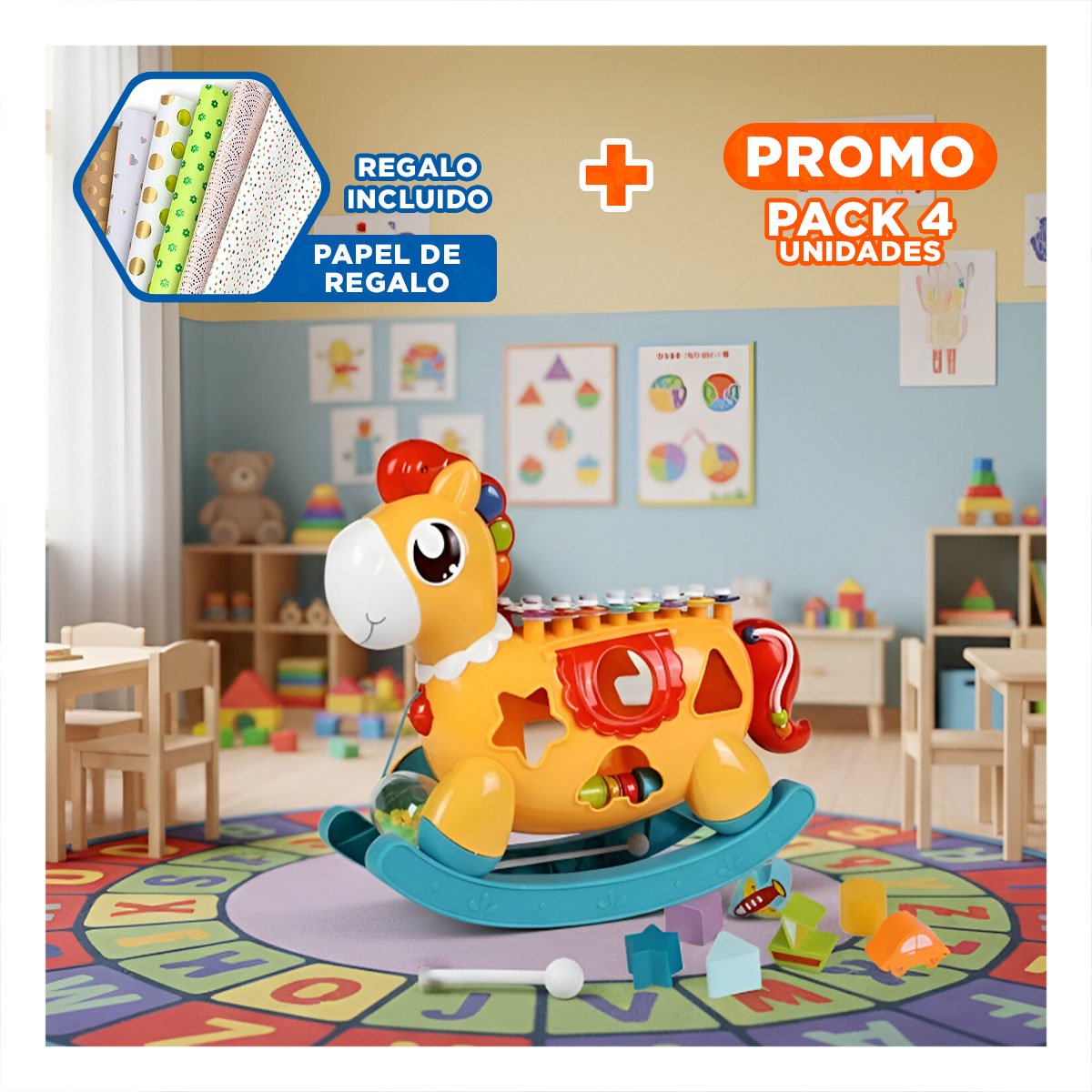 PACK4 CENTRO DE ACTIVIDADES MUSICAL ROJO Y AMARILLO CABALLO CON BLOQUES Y+PAPEL REGALO - 1