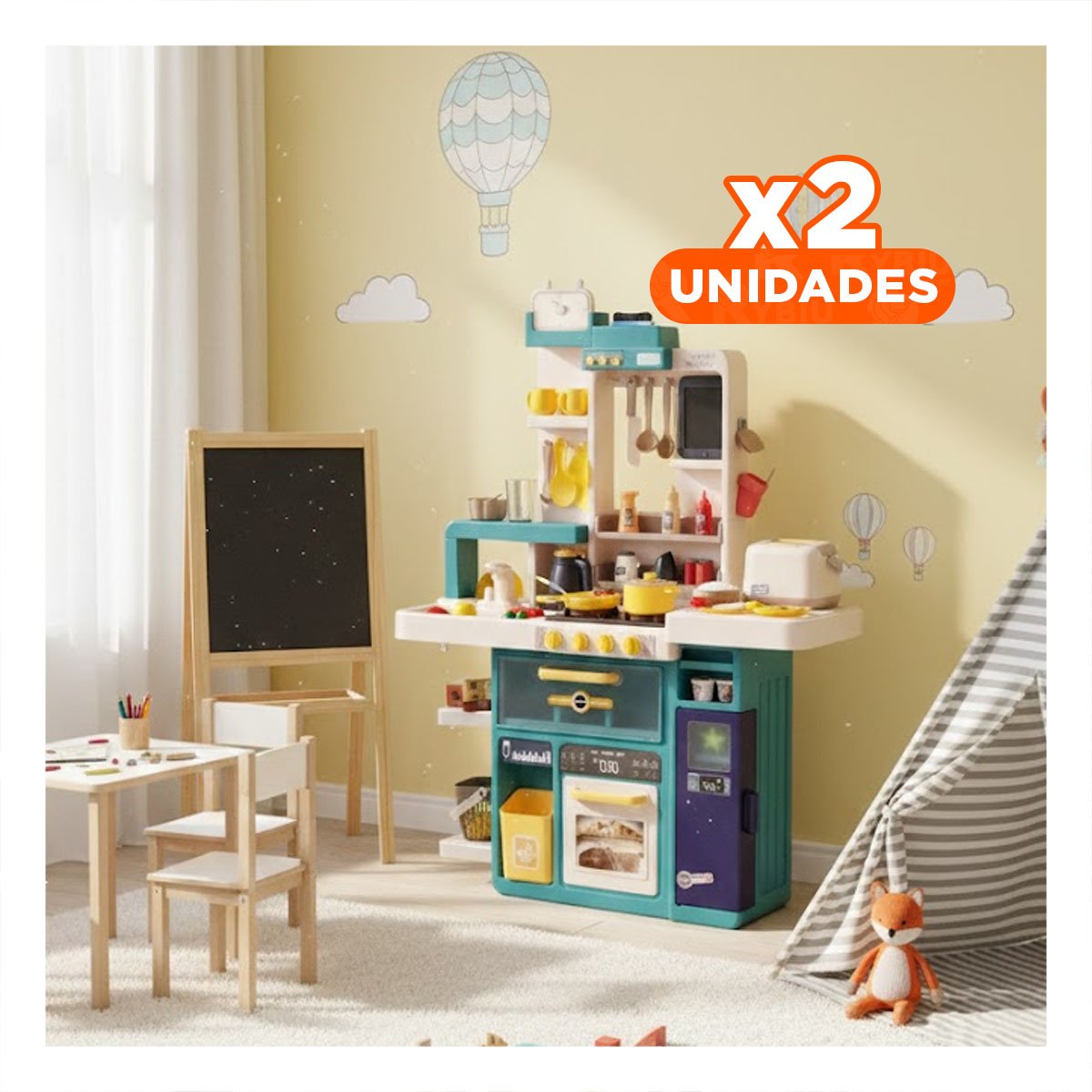 PACK2 ESCENARIO DE COCINA INFANTIL CELESTE CON ACCESORIOS PARA JUEGO CREATIVO Y+REGALO STICKER - 1