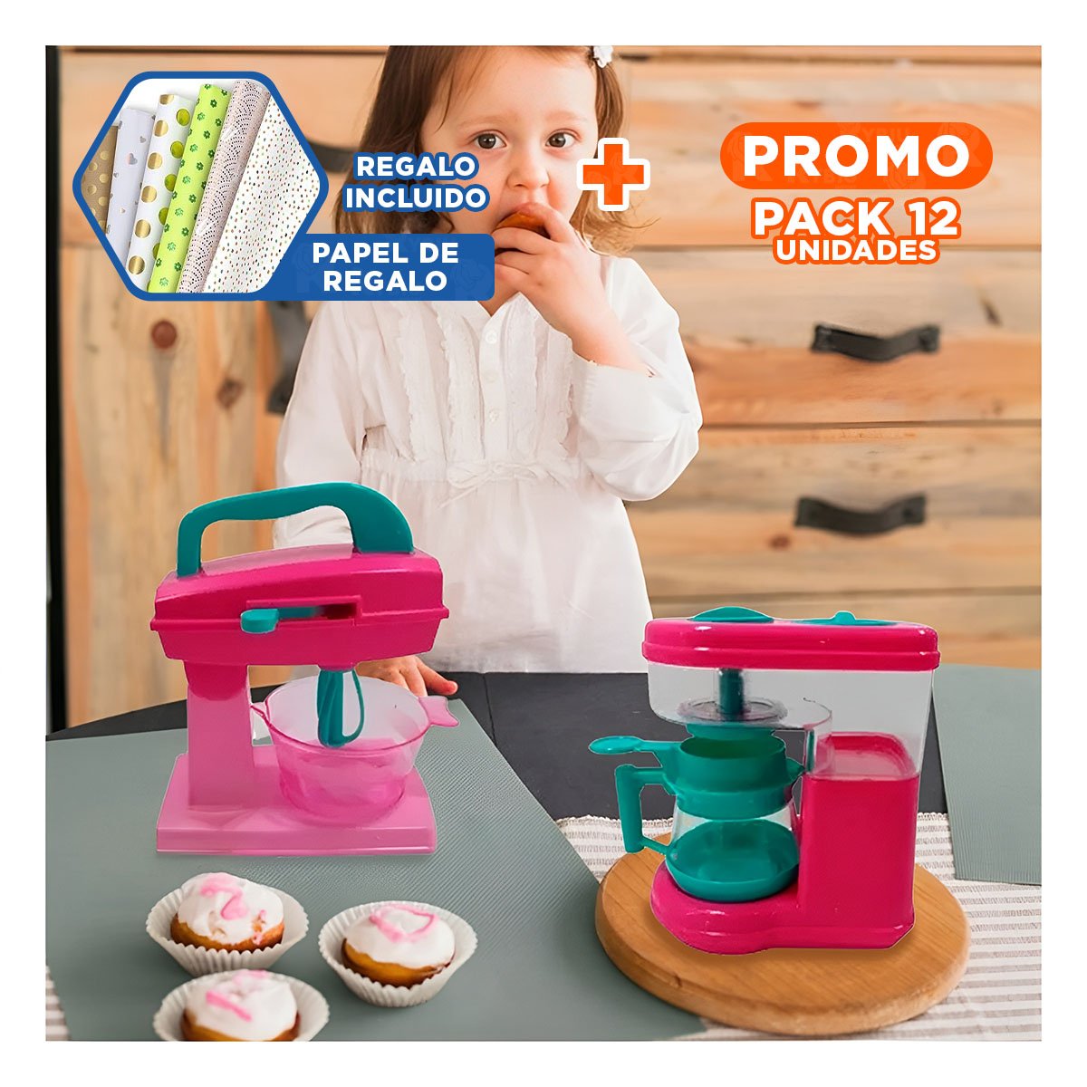 PACK12 DETALLE COCINA JUGUETE CON CAFETERA Y BATIDORA ROSADO PARA CASA Y+PAPEL REGALO - 1