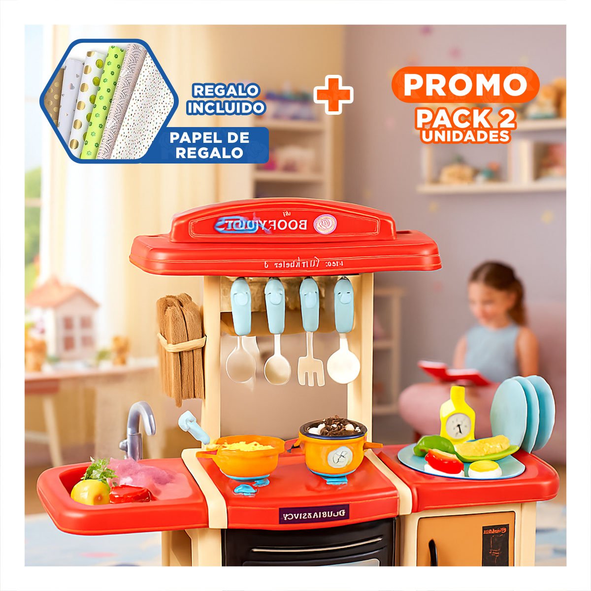 PACK2 CENTRO INFANTIL DE COCINA CON ACCESORIOS PARA DIVERSION Y+PAPEL REGALO - 1