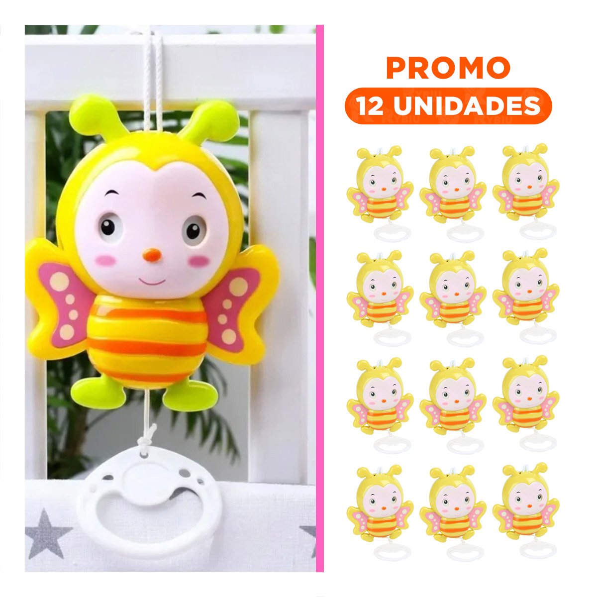 PACK12 SONAJITA ABEJA MUSICAL A CUERDA AMARILLO PARA BEBE HOGAR ESTIMULACION Y+REGALO STICKER - 1