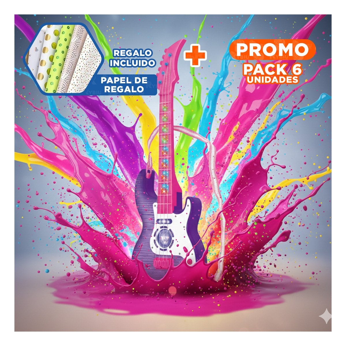 PACK6 MODULO MUSICAL INFANTIL GUITARRA ROSADO MORADO 53.5CM ESTILO INFANTIL Y+PAPEL REGALO - 1