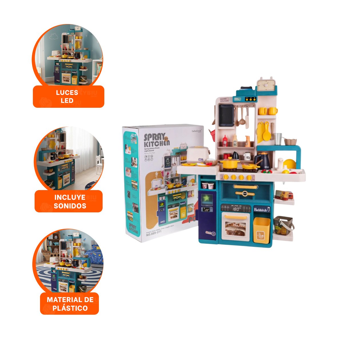 CENTRO DE COCINA INFANTIL CELESTE CON ACCESORIOS PARA JUEGO CREATIVO EN HOGAR - 3