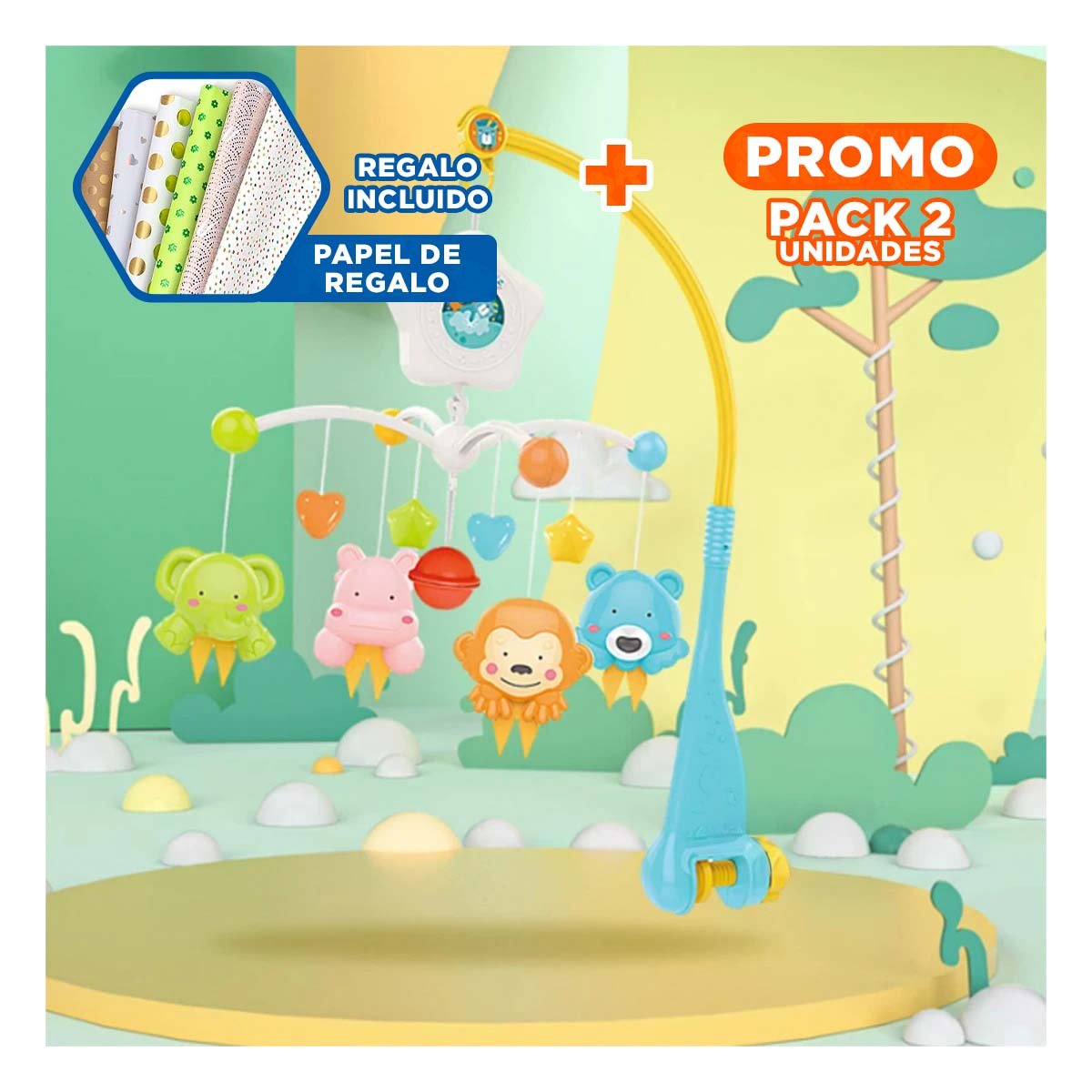 PACK2 JUGUETE CON SONIDOS PARA CUNA DE BEBES Y LUZ SUAVE Y+PAPEL REGALO - 1