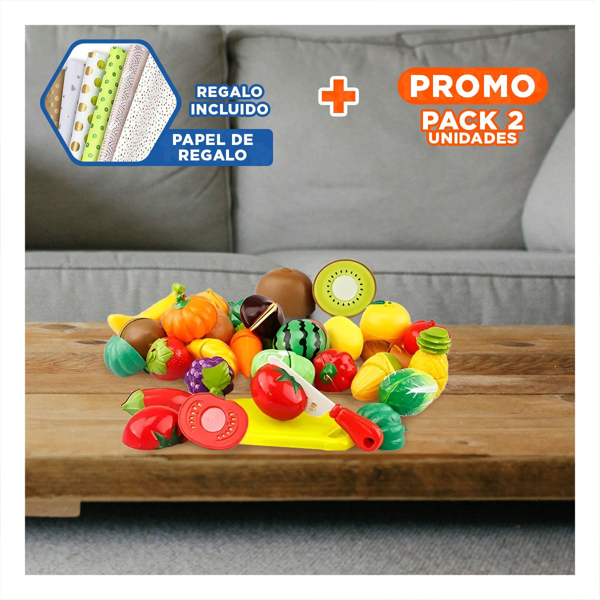 PACK2 CONJUNTO DE ALIMENTOS DE JUGUETE VERDURAS PARA CORTAR DIDACTICO CON TABLA Y+PAPEL REGALO - 1