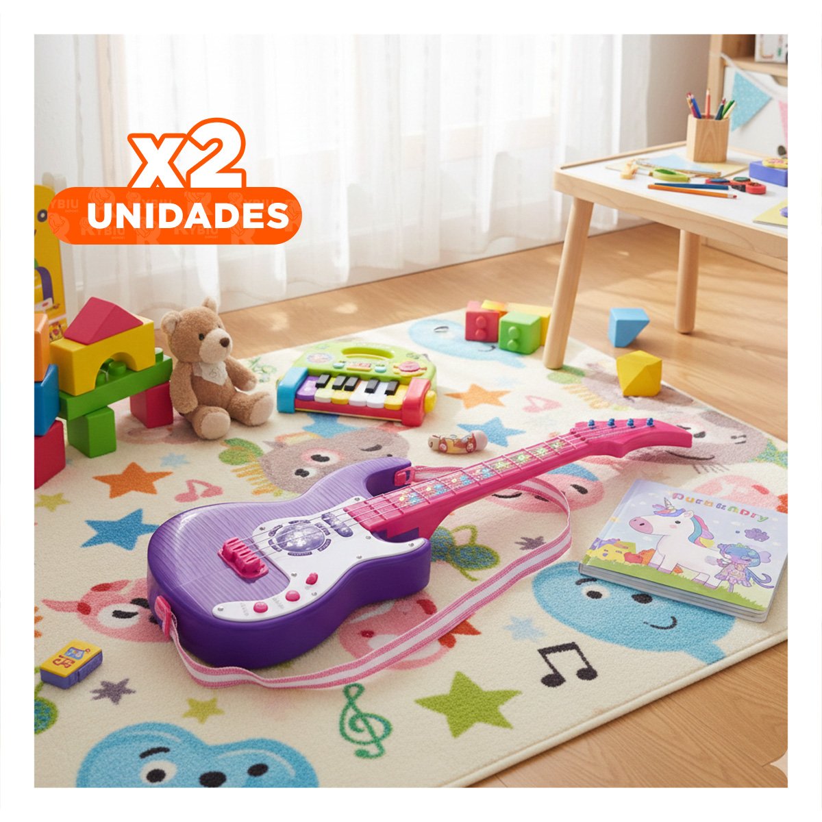 PACK2 ESCENARIO MUSICAL INFANTIL GUITARRA ROSADO MORADO 53.5CM ESTILO JUGUETE Y+REGALO STICKER - 1