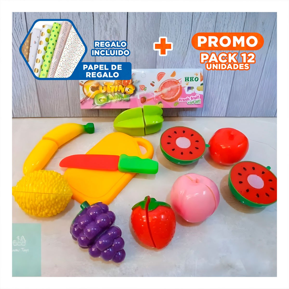 PACK12 OPCION CREATIVA DE FRUTAS PARA CORTAR CON TABLA PARA PICAR Y APRENDIZAJE Y+PAPEL REGALO - 1