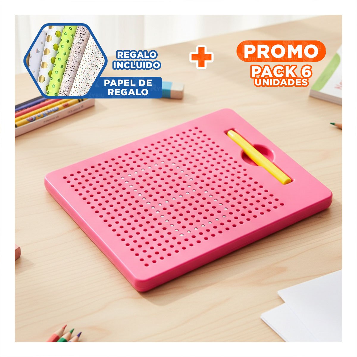 PACK6 SOPORTE VISUAL MAGNETICO ROSADO PARA USO DOMESTICO DIARIO Y+PAPEL REGALO - 1