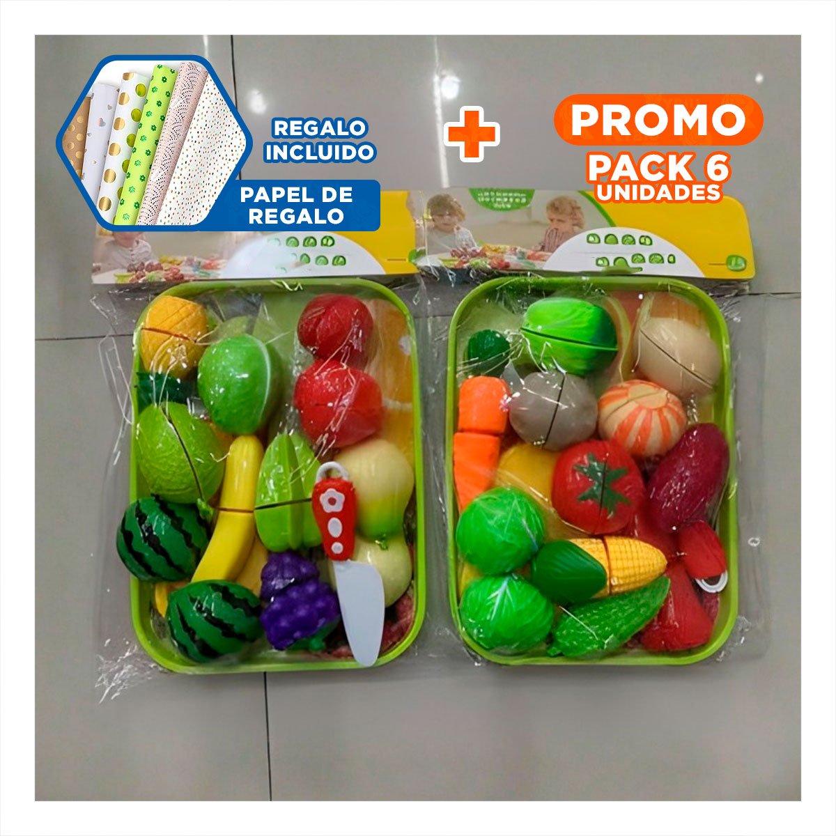 PACK6 SET DE VERDURAS DE COCINA PARA CORTE CON TABLA Y BANDEJA HOGAR Y+PAPEL REGALO - 1