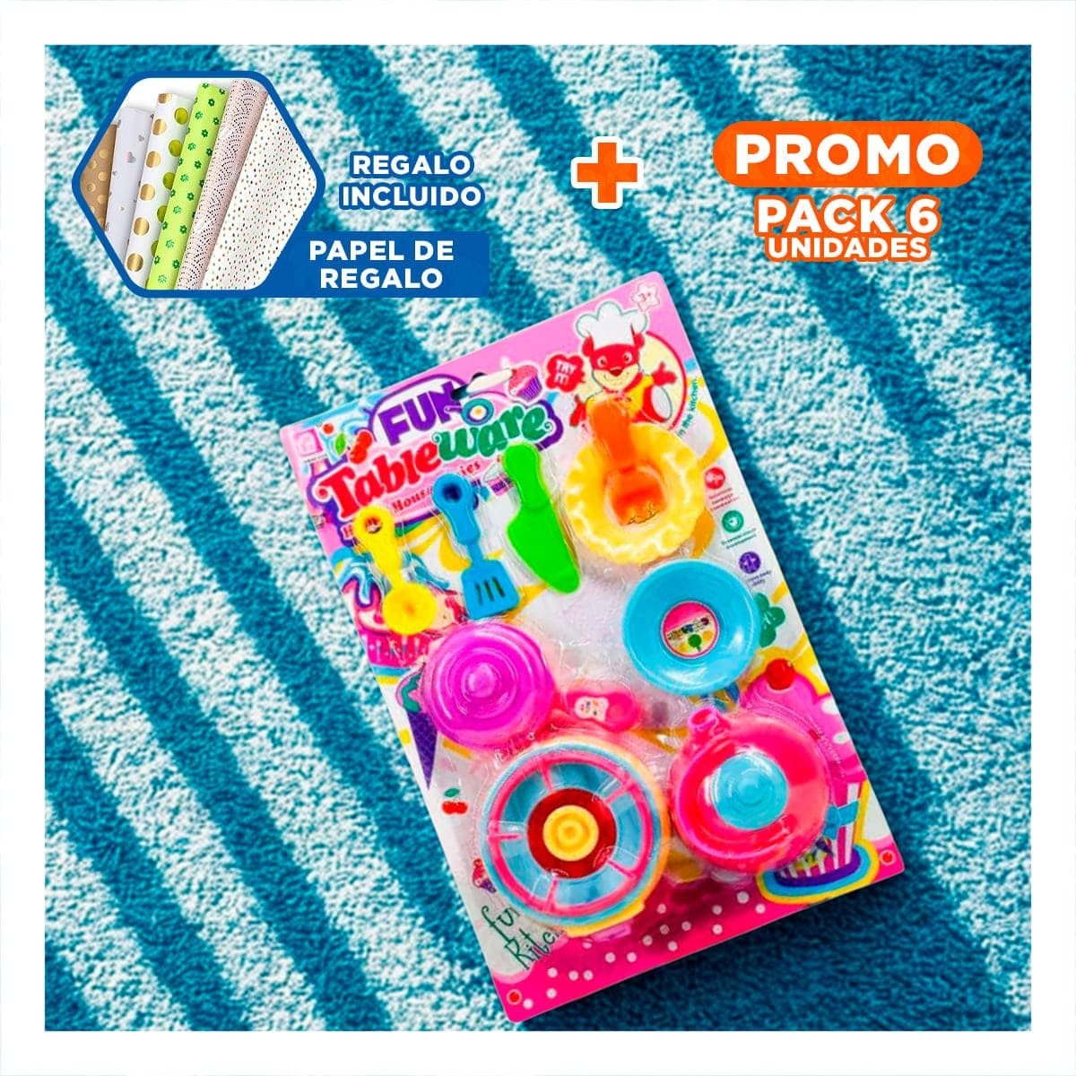 PACK6 SET DE COCINA CON UTENSILIOS Y TETERA PARA NINOS Y+PAPEL REGALO - 1