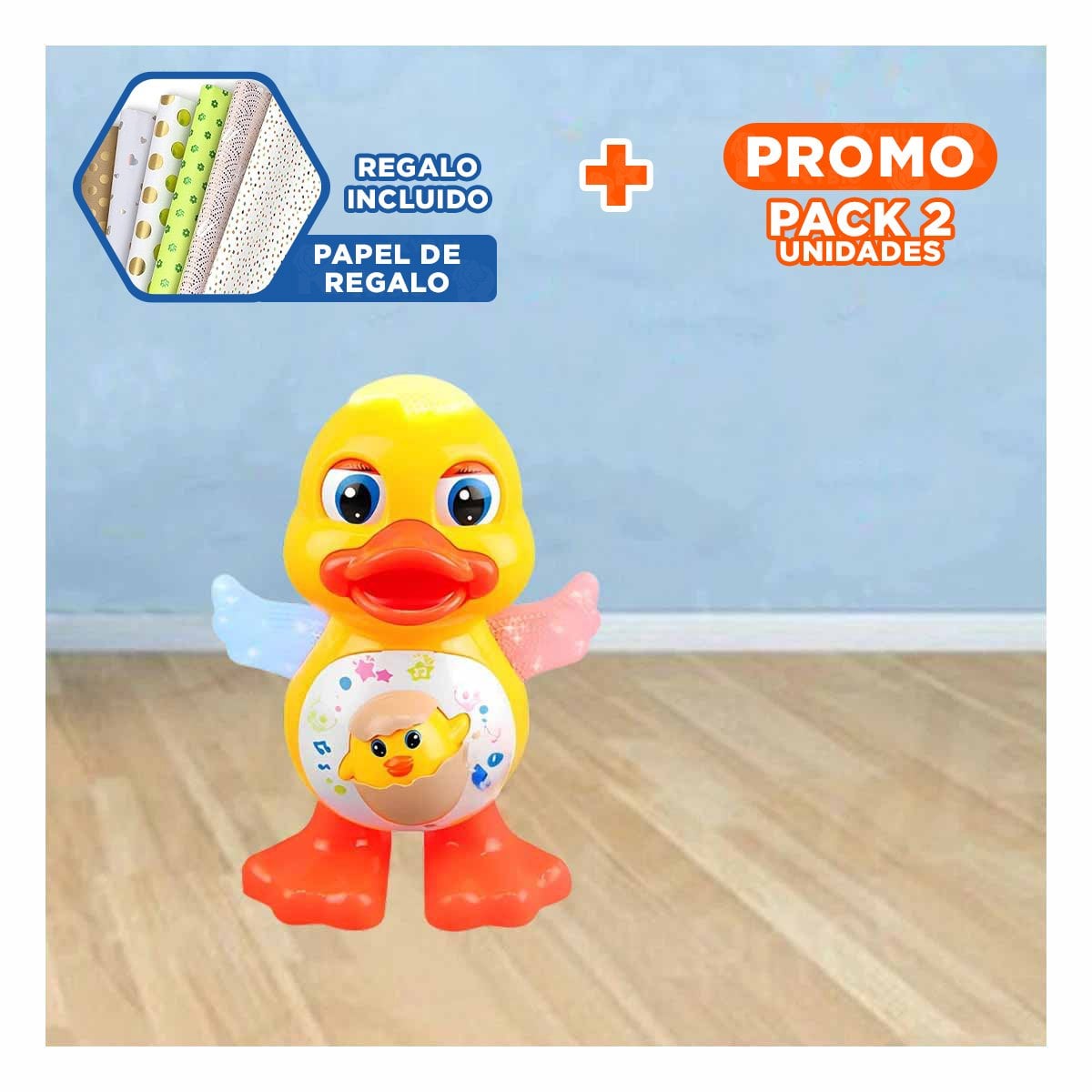 PACK2 ACCION PATO INTERACTIVO MUSICAL CON LUCES LED DINAMICO PARA CASA Y+PAPEL REGALO - 1