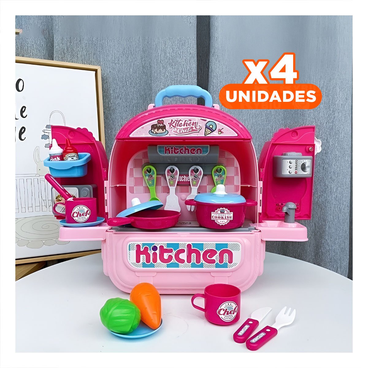 PACK4 MALETIN INFANTIL DE COCINA PORTATIL ROSADO 3 EN 1 CON ACCESORIOS - 1