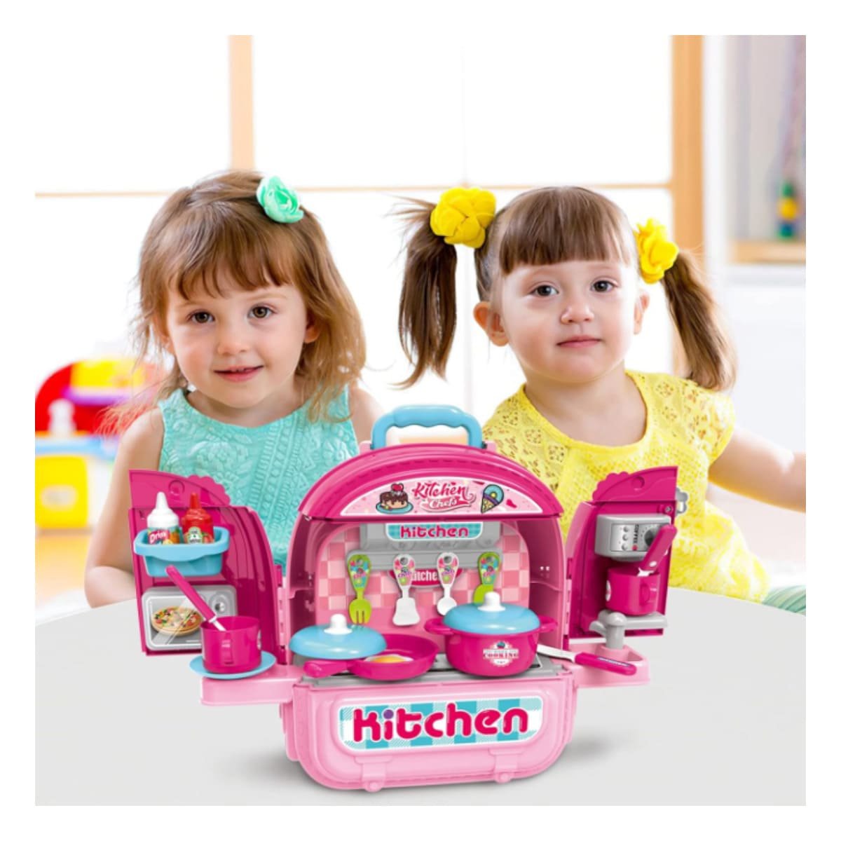 PACK4 MALETIN INFANTIL DE COCINA PORTATIL ROSADO 3 EN 1 CON ACCESORIOS - 2