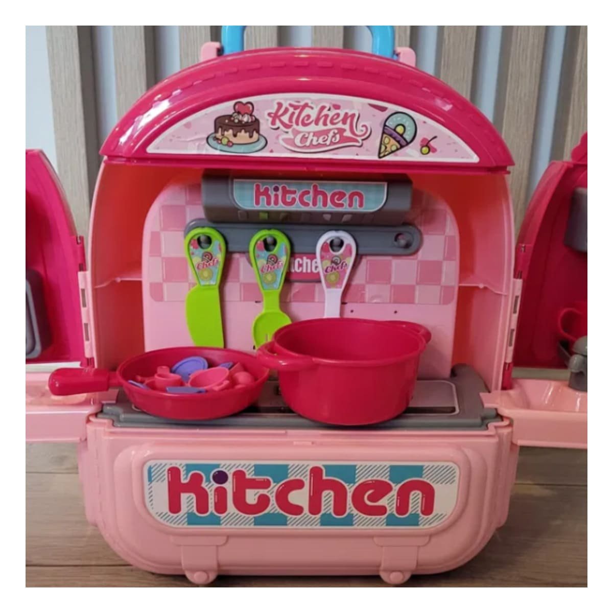PACK4 MALETIN INFANTIL DE COCINA PORTATIL ROSADO 3 EN 1 CON ACCESORIOS - 5