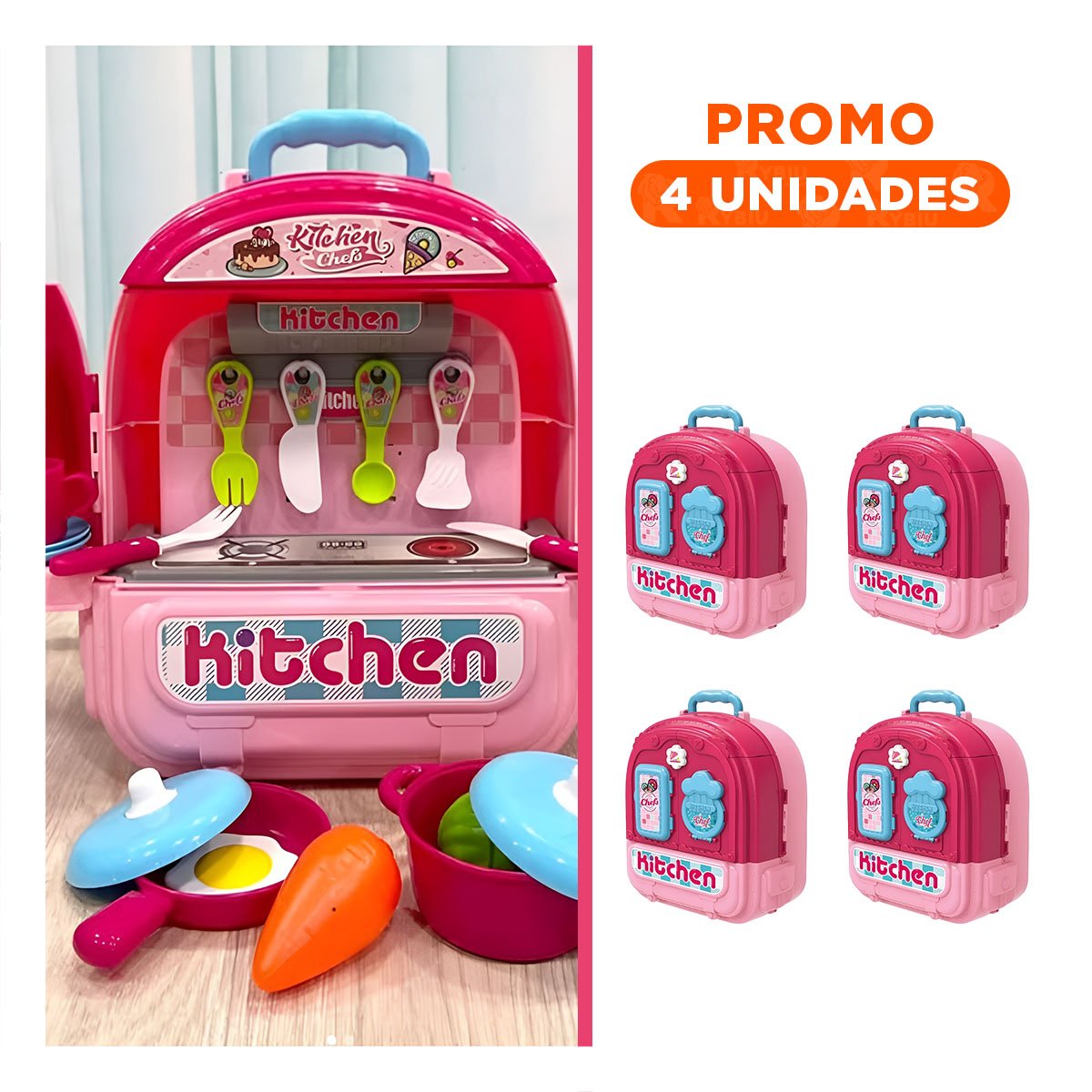 PACK4 MALETIN DE COCINA INFANTIL ROSADO 3 EN 1 PARA DIVERSION Y APRENDIZAJE Y+REGALO STICKER - 1