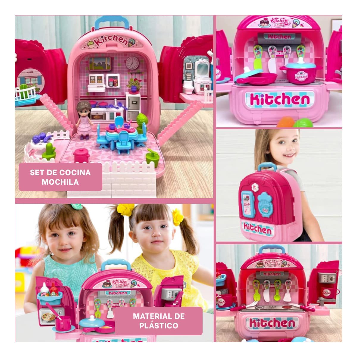 PACK4 MALETIN DE COCINA INFANTIL ROSADO 3 EN 1 PARA DIVERSION Y APRENDIZAJE Y+REGALO STICKER - 2