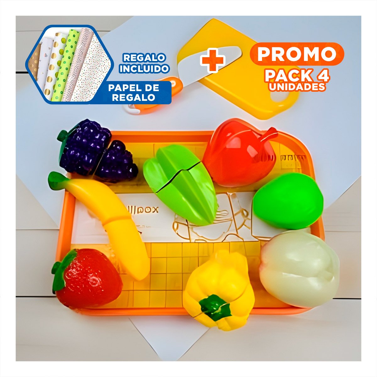 PACK4 DISENO COCINA DE FRUTAS PARA CORTAR CON BANDEJA Y TABLA PARA PICAR Y+PAPEL REGALO - 1