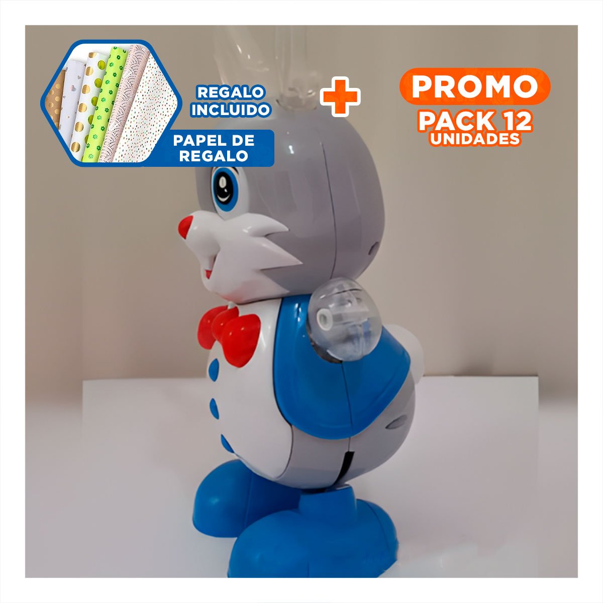 PACK12 ELEMENTO ANIMADO CONEJO MUSICAL CON LUCES LED TECNOLOGIA PARA HOGAR Y+PAPEL REGALO - 1