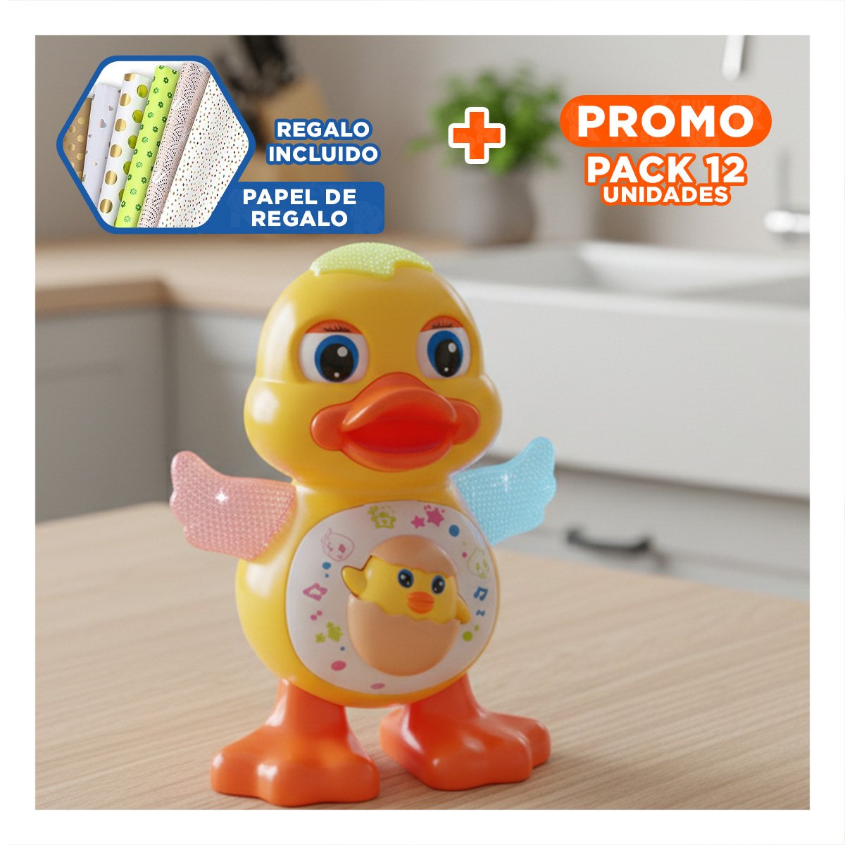 PACK12 ARTICULO SONORO PATO INTERACTIVO MUSICAL CON LUCES BRILLANTES CASA Y+PAPEL REGALO - 1