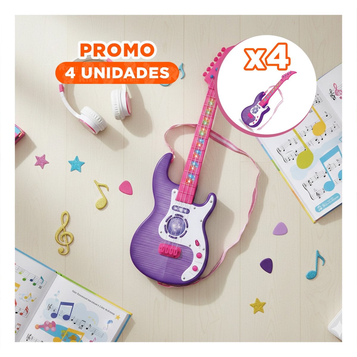 PACK4 ESPACIO MUSICAL INFANTIL GUITARRA ROSADO MORADO 53.5CM PARA JUEGO - 1