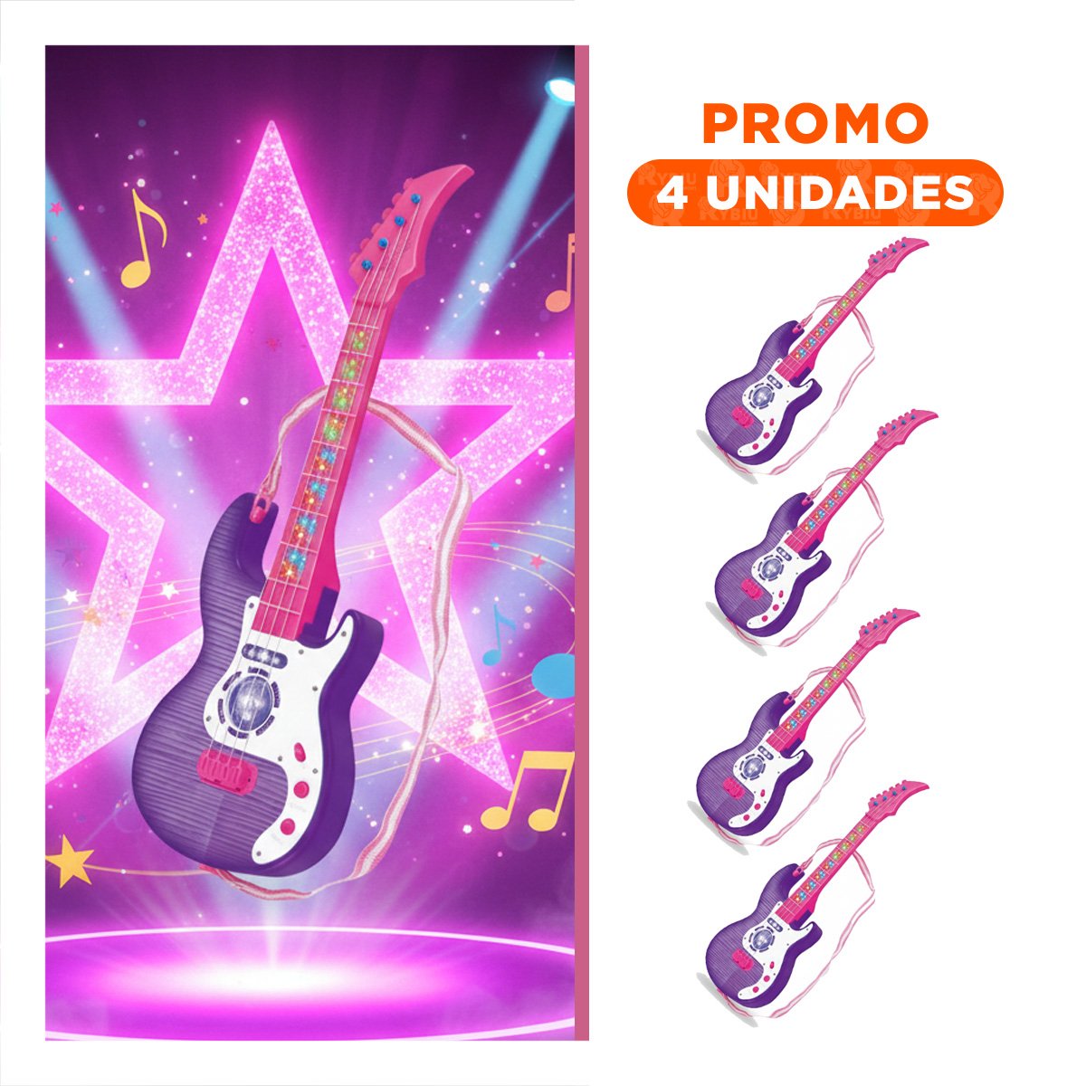 PACK4 AREA MUSICAL INFANTIL GUITARRA ROSADO MORADO 53.5CM EDUCATIVA Y+REGALO STICKER - 1