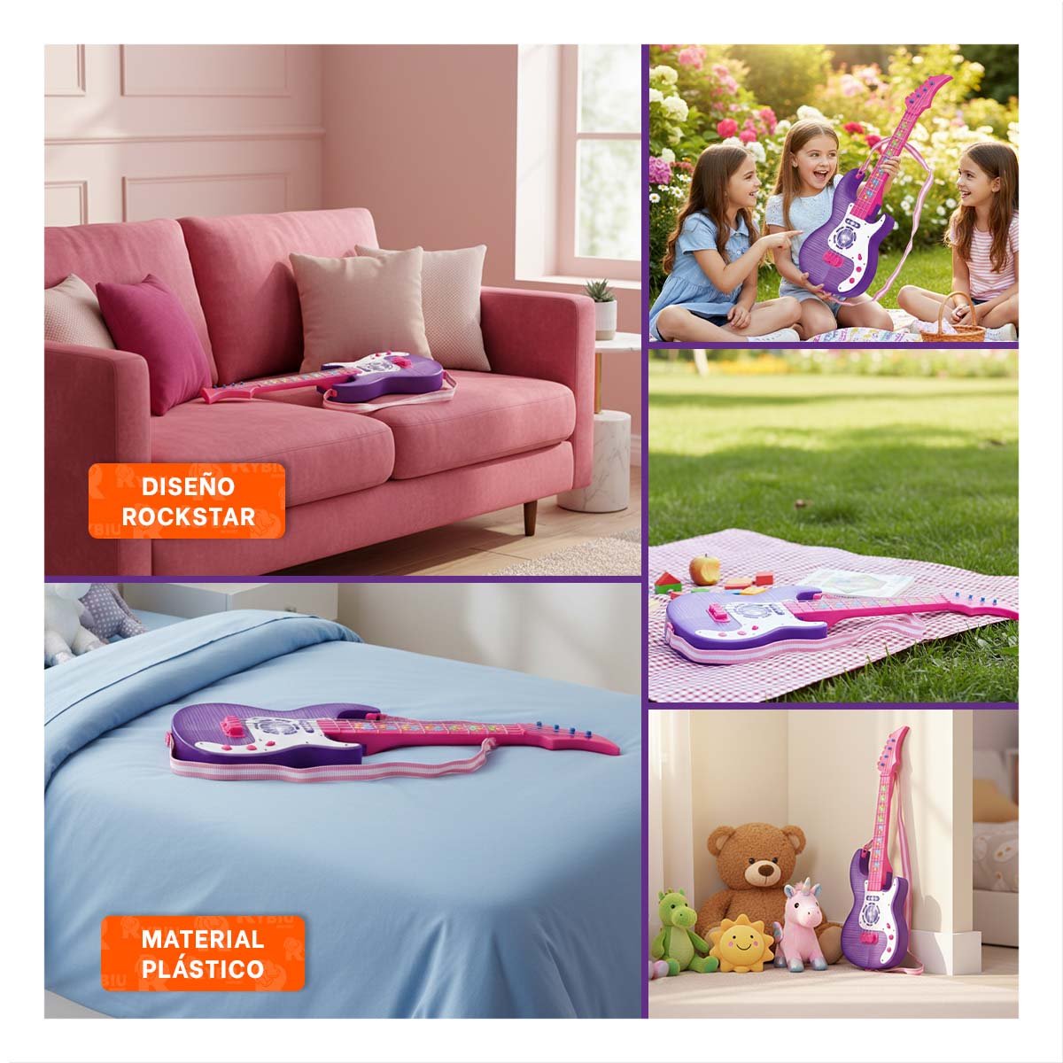 PACK4 AREA MUSICAL INFANTIL GUITARRA ROSADO MORADO 53.5CM EDUCATIVA Y+REGALO STICKER - 2