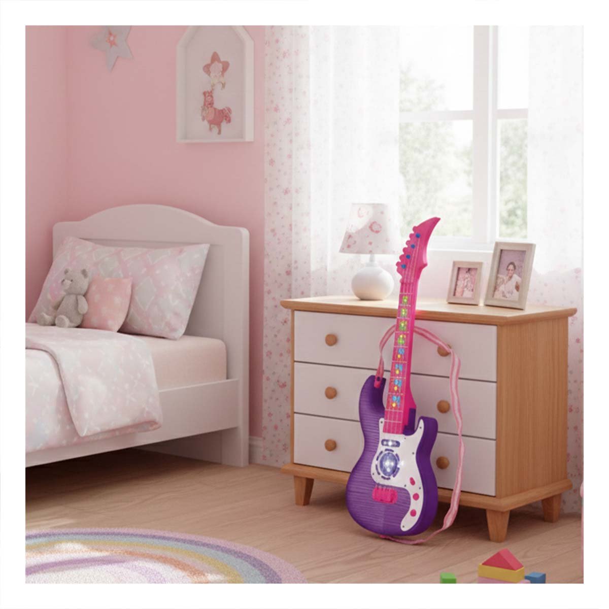 PACK4 AREA MUSICAL INFANTIL GUITARRA ROSADO MORADO 53.5CM EDUCATIVA Y+REGALO STICKER - 5