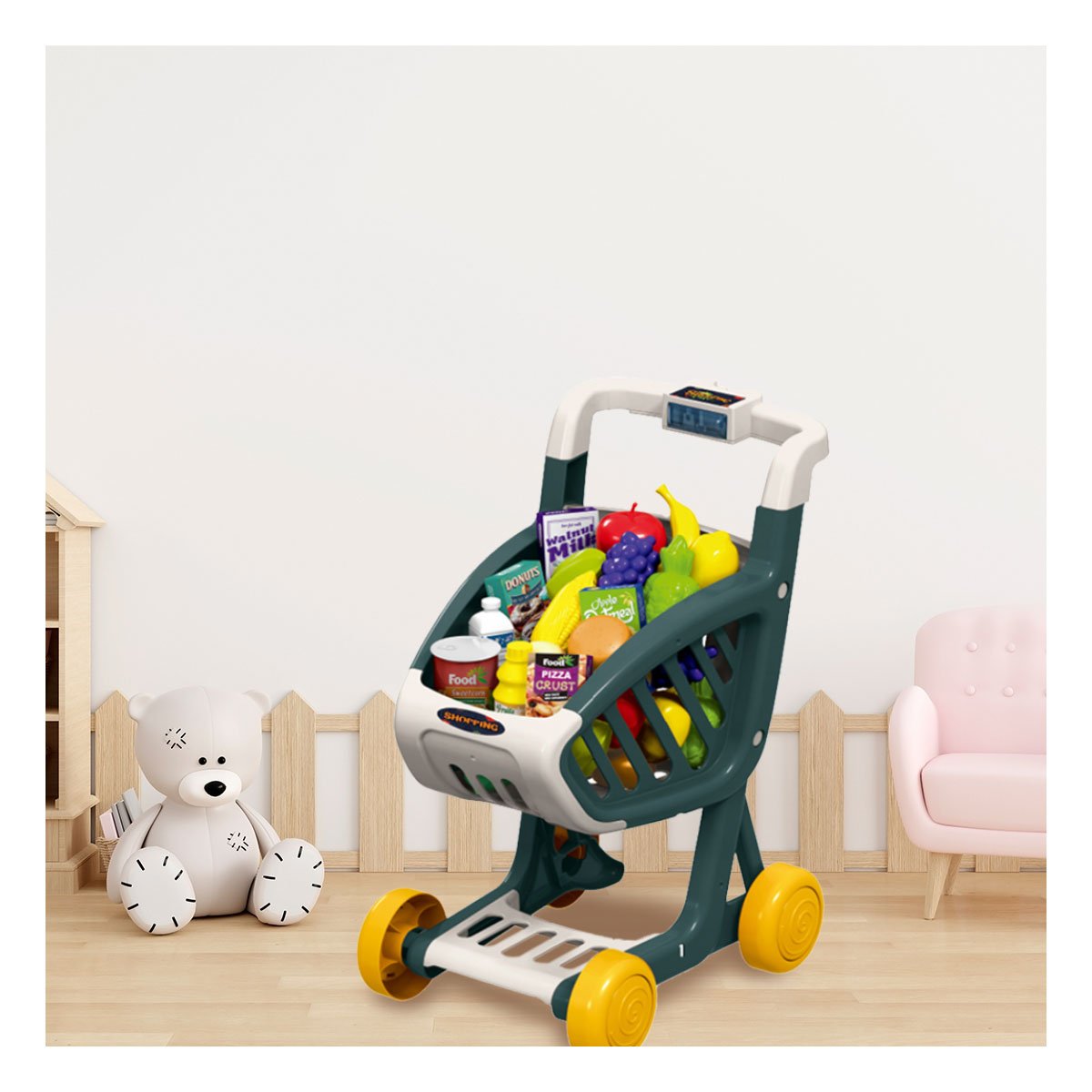 CESTA DE COMPRAS MUSICAL 41 PZS VERDE OSCURO PARA JUEGO INFANTIL Y+PAPEL REGALO - 2
