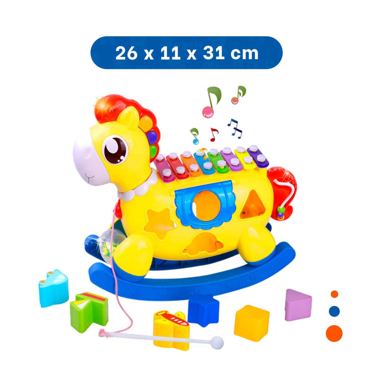 CABALLITO DE JUGUETE MUSICAL AZUL Y AMARILLO CON XILOFONO Y PIEZAS DIDACTICAS Y+LIGAS REGALO - 4