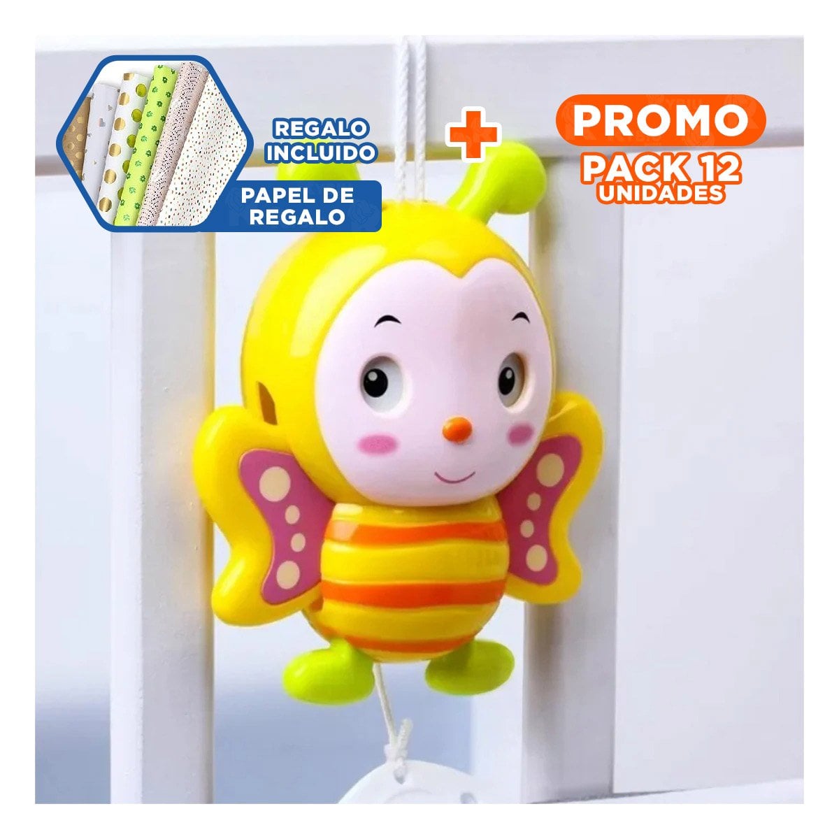 PACK12 CASCABEL ABEJA MUSICAL A CUERDA AMARILLO PARA BEBE HOGAR ESTIMULACION Y+PAPEL REGALO - 1