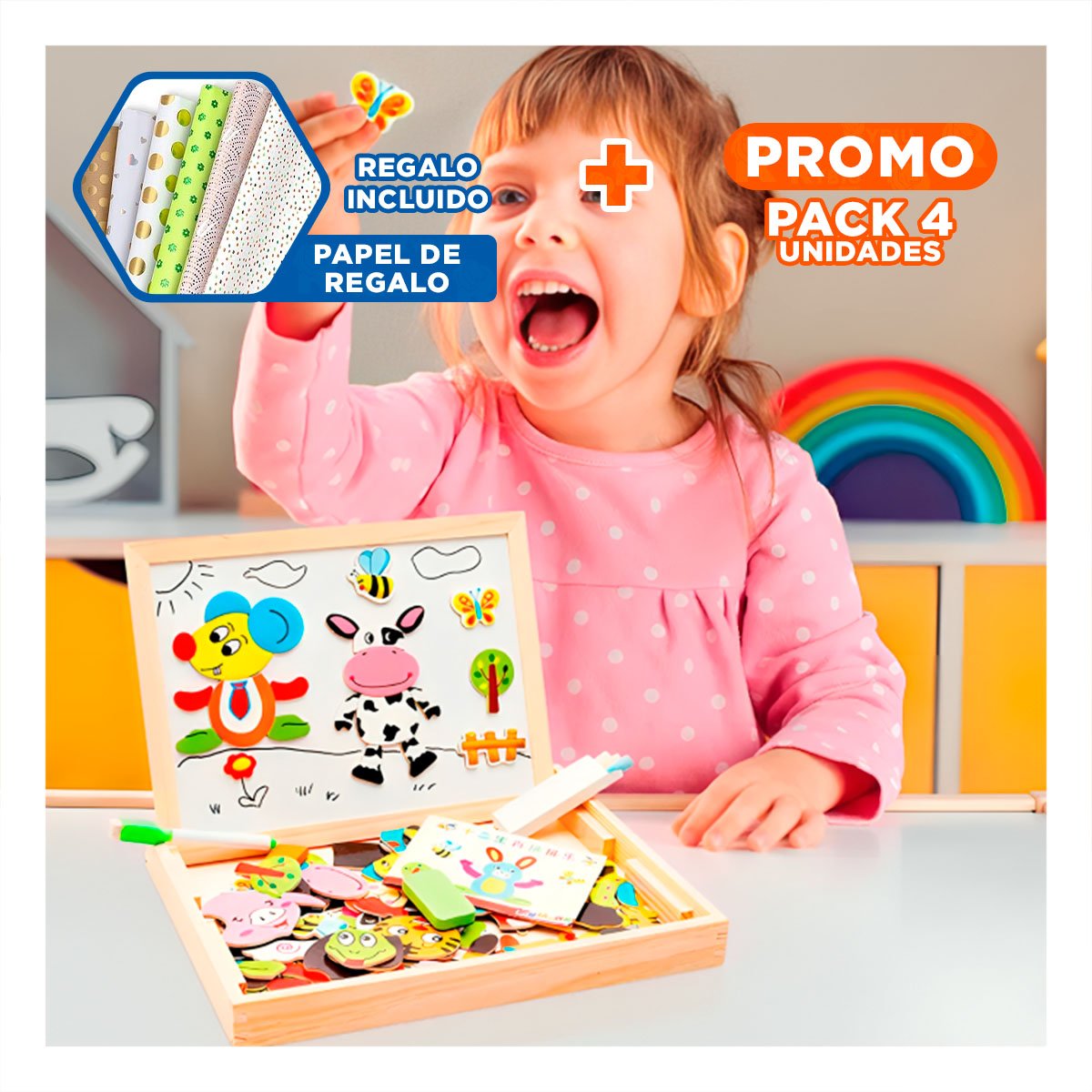 PACK4 TABLA MAGNETICA DE ANIMALES 2 EN 1 MULTICOLOR PARA APRENDER JUGANDO Y+PAPEL REGALO - 1