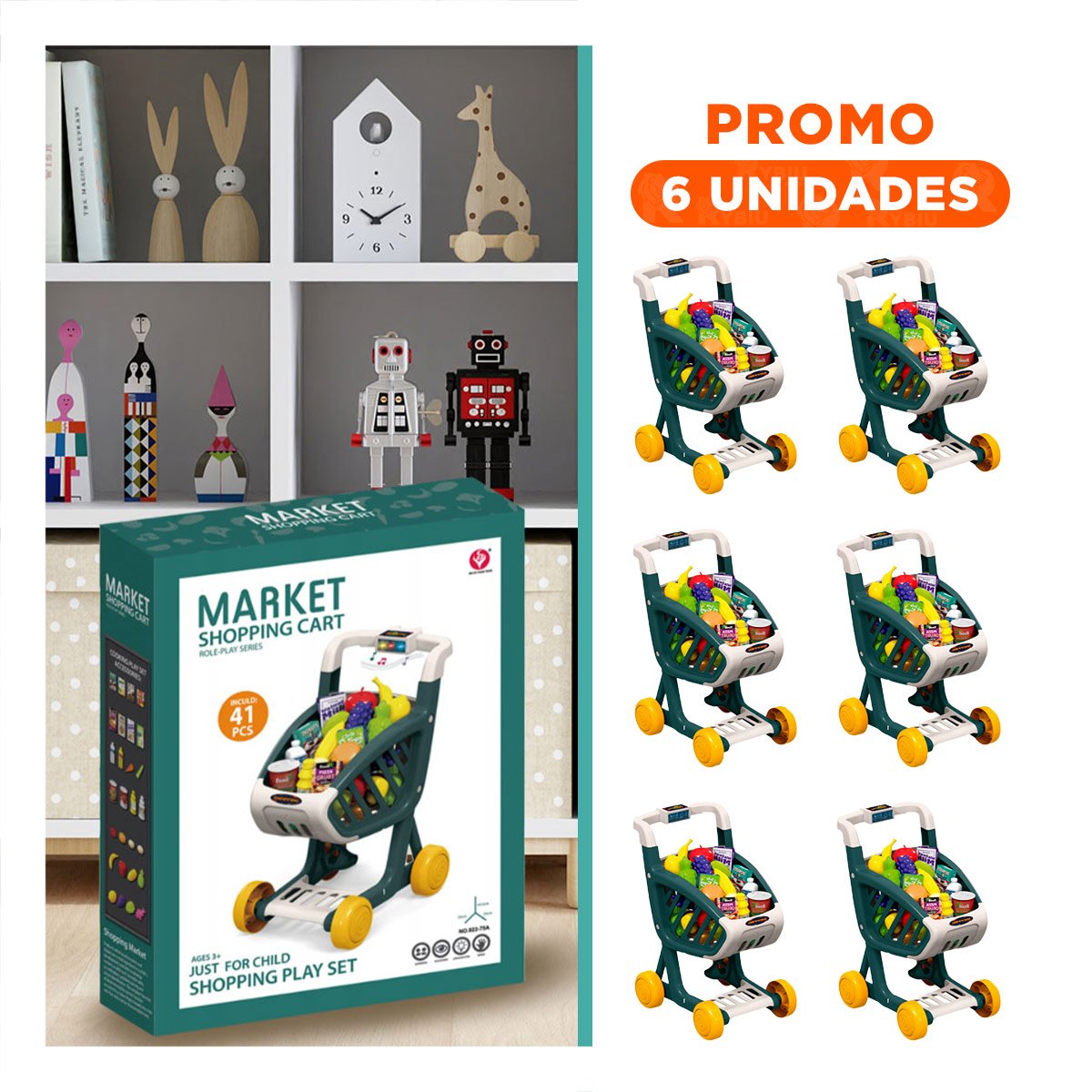 PACK6 COCHE EMPUJABLE DE COMPRAS MUSICAL 41 PZS VERDE OSCURO PARA JUEGO INFANTIL - 1