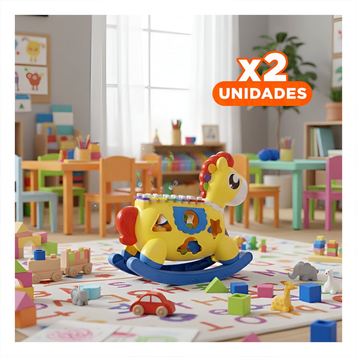 PACK2 CENTRO EDUCATIVO MUSICAL INFANTIL AZUL Y AMARILLO CON CABALLO Y XILOFONO Y+REGALO STICKER - 1