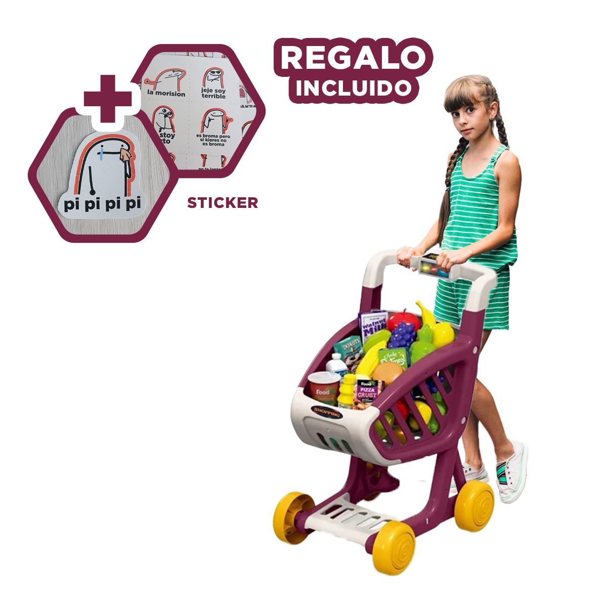 ELEMENTO PARA COMPRAS MUSICAL 41 PZS GUINDA PARA JUEGO INFANTIL DIARIO Y+REGALO STICKER - 1