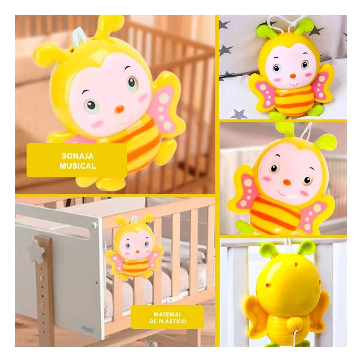 PACK2 SONAJITA ABEJA MUSICAL A CUERDA AMARILLO PARA BEBE HOGAR DISEÑO SUAVE Y+PAPEL REGALO - 3