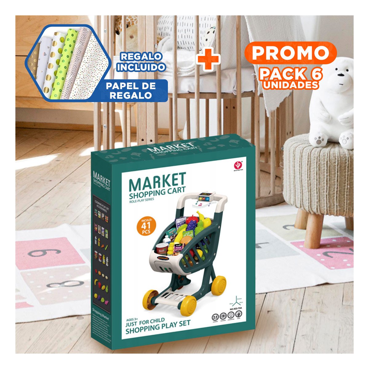 PACK6 COCHE EMPUJABLE DE COMPRAS MUSICAL 41 PZS VERDE OSCURO CON SONIDO Y+PAPEL REGALO - 1