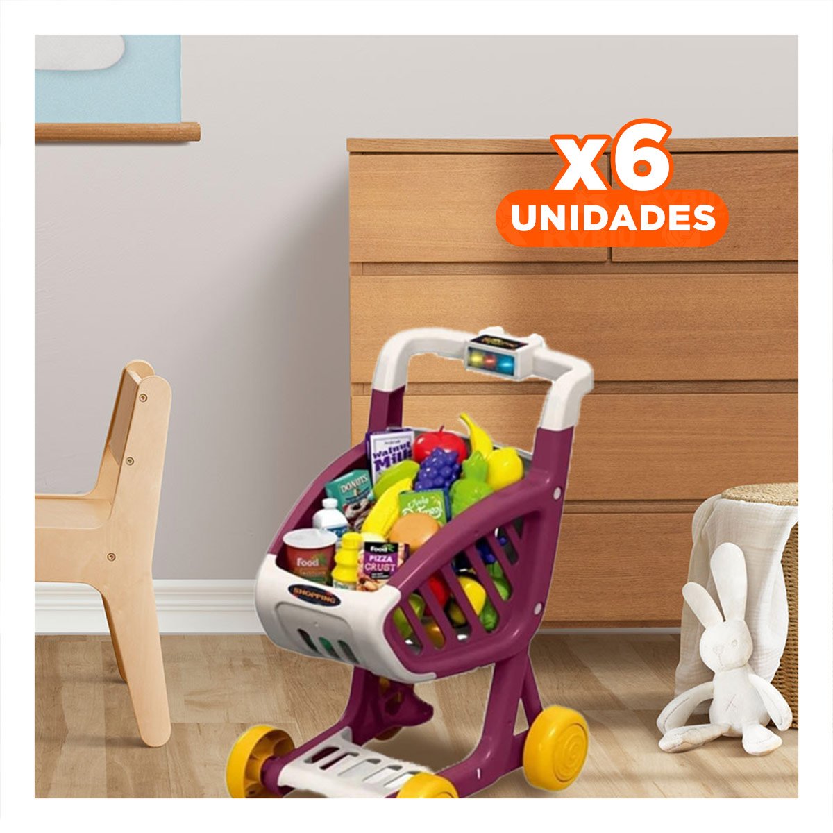 PACK6 IMPLEMENTO PARA COMPRAS INFANTIL 41 PZS GUINDA CON SONIDOS Y ACCESORIOS Y+REGALO STICKER - 1