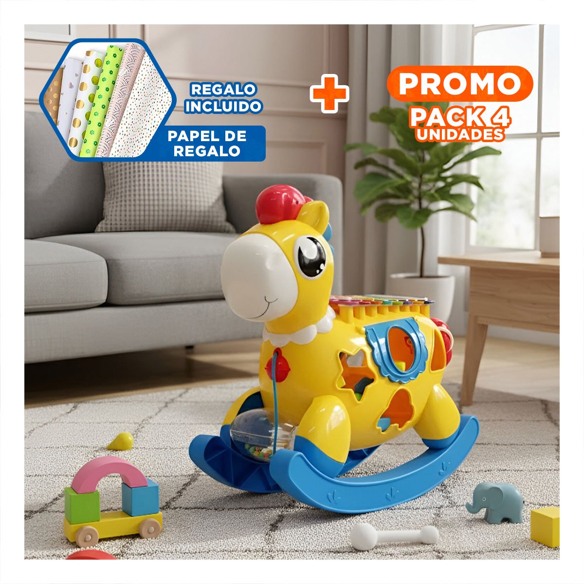 PACK4 CENTRO LUDICO MUSICAL INFANTIL AZUL Y AMARILLO CON XILOFONO Y CABALLO Y+PAPEL REGALO - 1
