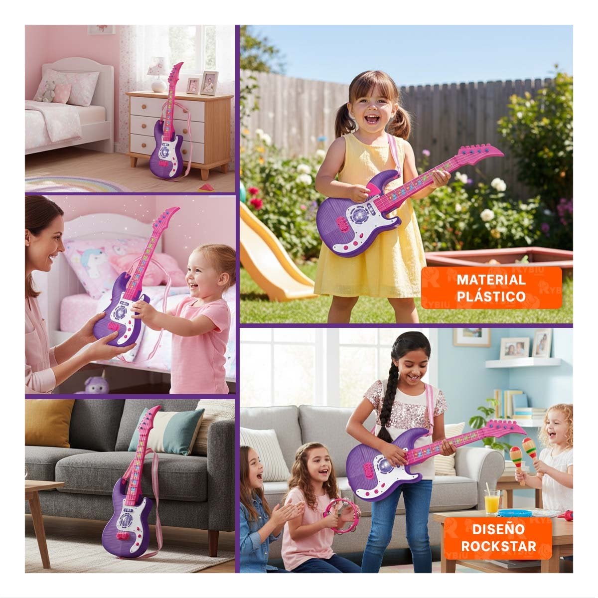 PRODUCTO MUSICAL INFANTIL GUITARRA ROSADO MORADO 53.5CM ESTILO JUGUETE Y+LIGAS REGALO - 5