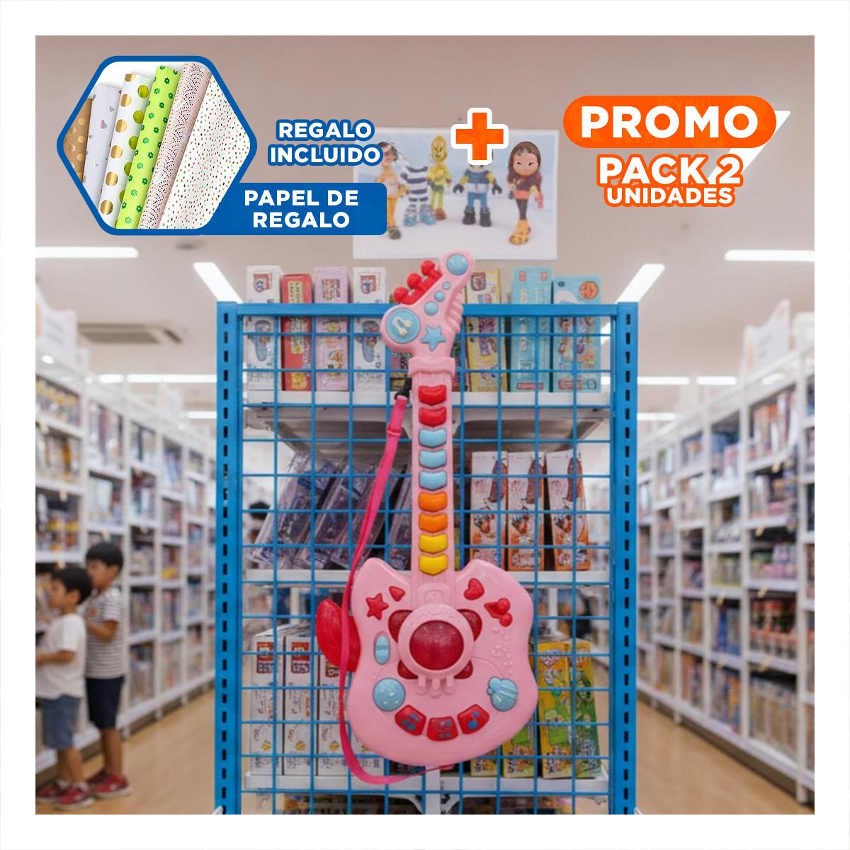 PACK2 SONORA INFANTIL TIPO GUITARRA MANZANA ROSADO Y FUCSIA 37X13CM Y+PAPEL REGALO - 1