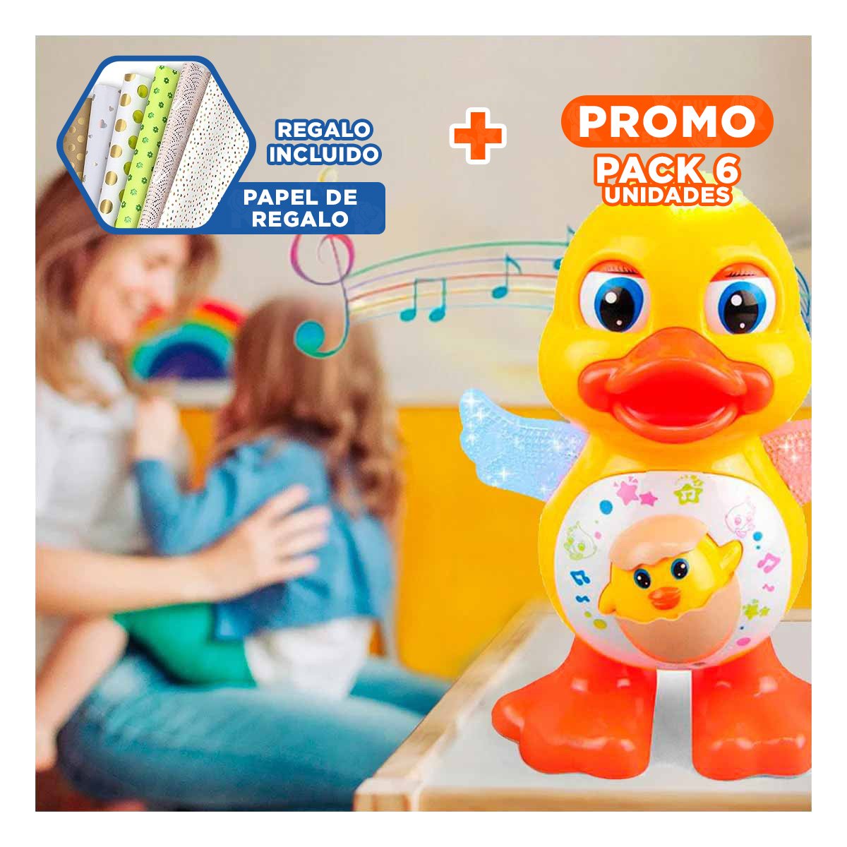 PACK6 COLECCION PATO INTERACTIVO MUSICAL CON LUCES LED MODERNA CASA Y+PAPEL REGALO - 1