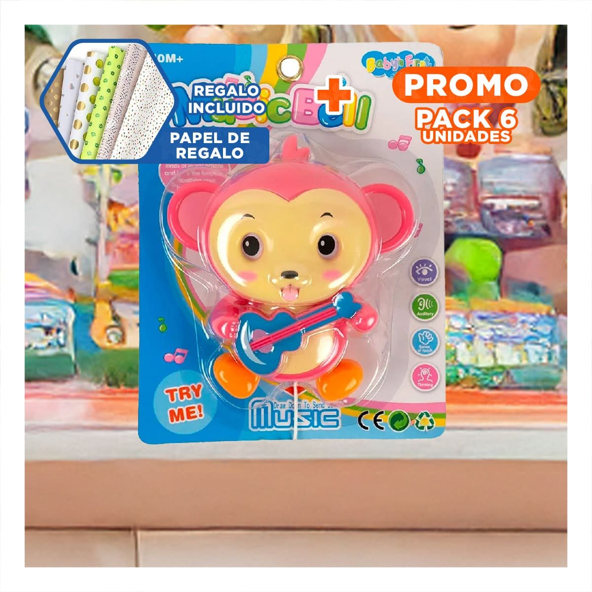 PACK6 ALTERNATIVA MUSICAL MONO A CUERDA ROSADO PARA DECORACION Y+PAPEL REGALO - 1