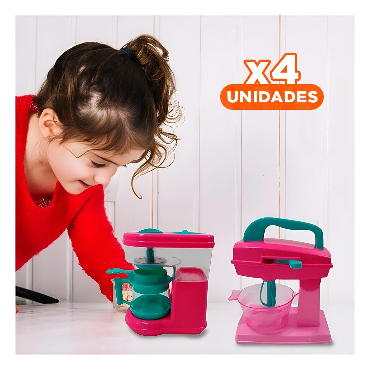 PACK4 SISTEMA COCINA JUGUETE CON CAFETERA Y BATIDORA ROSADO PARA HOGAR - 1