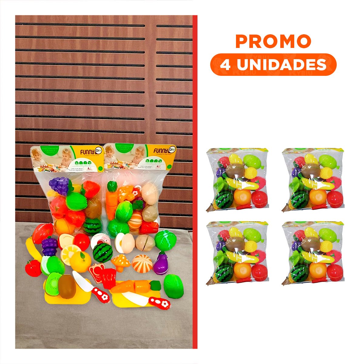 PACK4 KIT DE COCINA DIDACTICO CON VERDURAS PARA CORTAR Y TABLA PARA PICAR Y+REGALO STICKER - 1