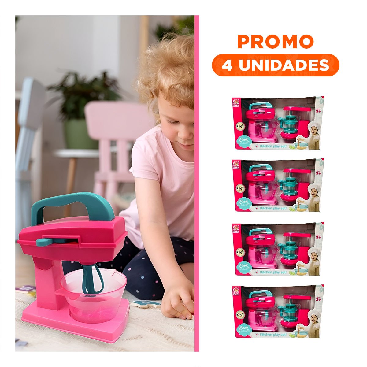PACK4 CONCEPTO COCINA JUGUETE CON CAFETERA Y BATIDORA ROSADO PARA HOGAR Y+REGALO STICKER - 1