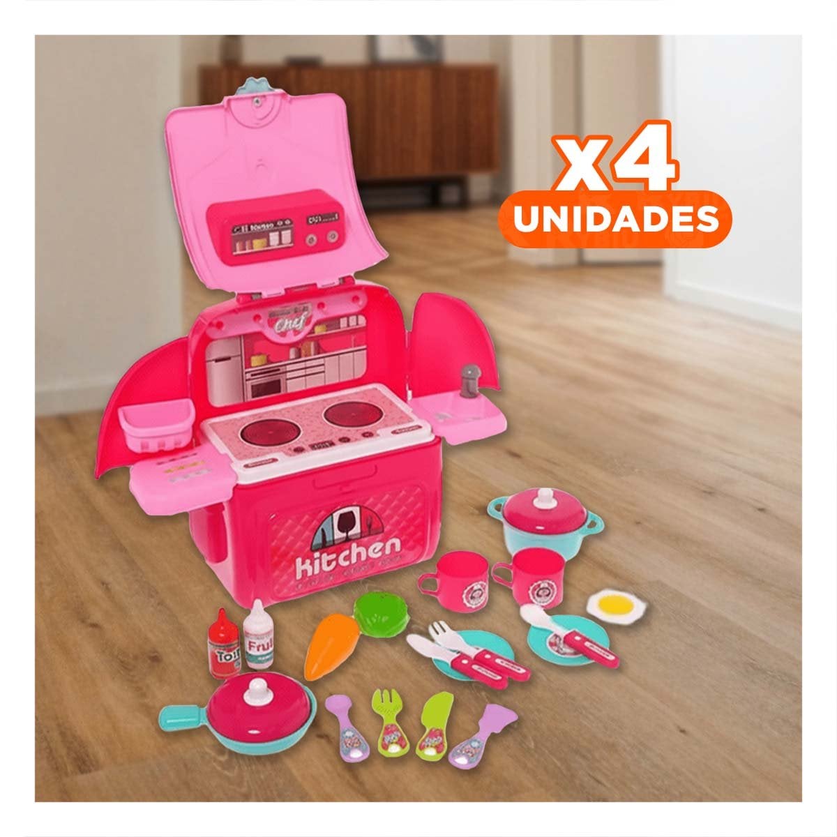 PACK4 JUEGO DE COCINA INFANTIL CON ACCESORIOS EN MALETA PARA NIÑOS HOGAR FESTIVO - 1