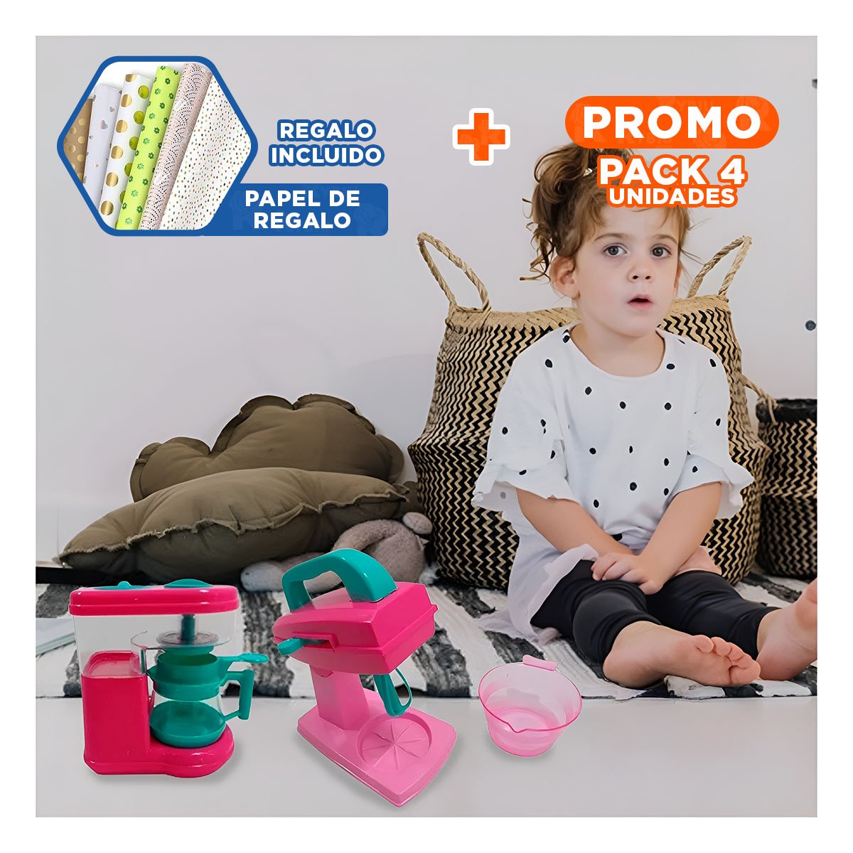 PACK4 FORMATO COCINA JUGUETE CON CAFETERA Y BATIDORA ROSADO PARA CASA Y+PAPEL REGALO - 1