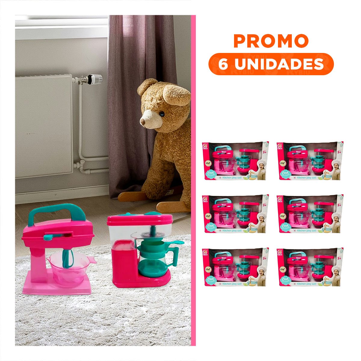 PACK6 DISENO COCINA JUGUETE CON CAFETERA Y BATIDORA ROSADO PARA CASA - 1